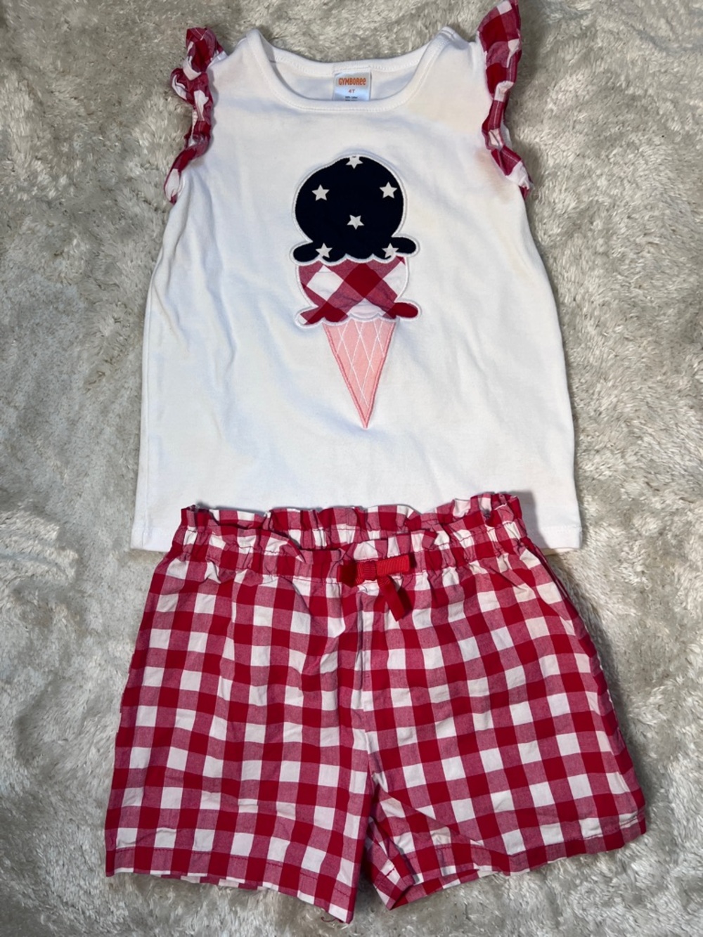 Gymboree White Tank & Red Gingham Shorts Summer Set with Ice Cream Applique